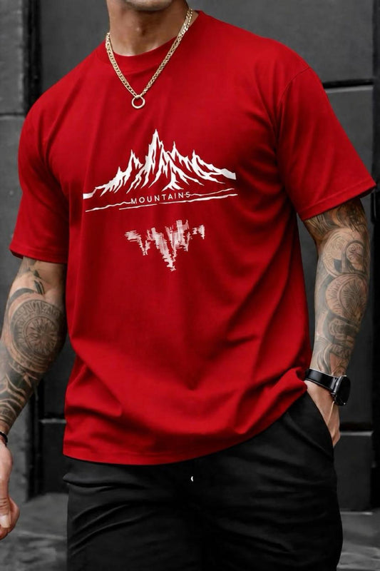 Mountains Baskılı Bisiklet Yaka Pamuklu Erkek T-Shirt Rahat Kesim