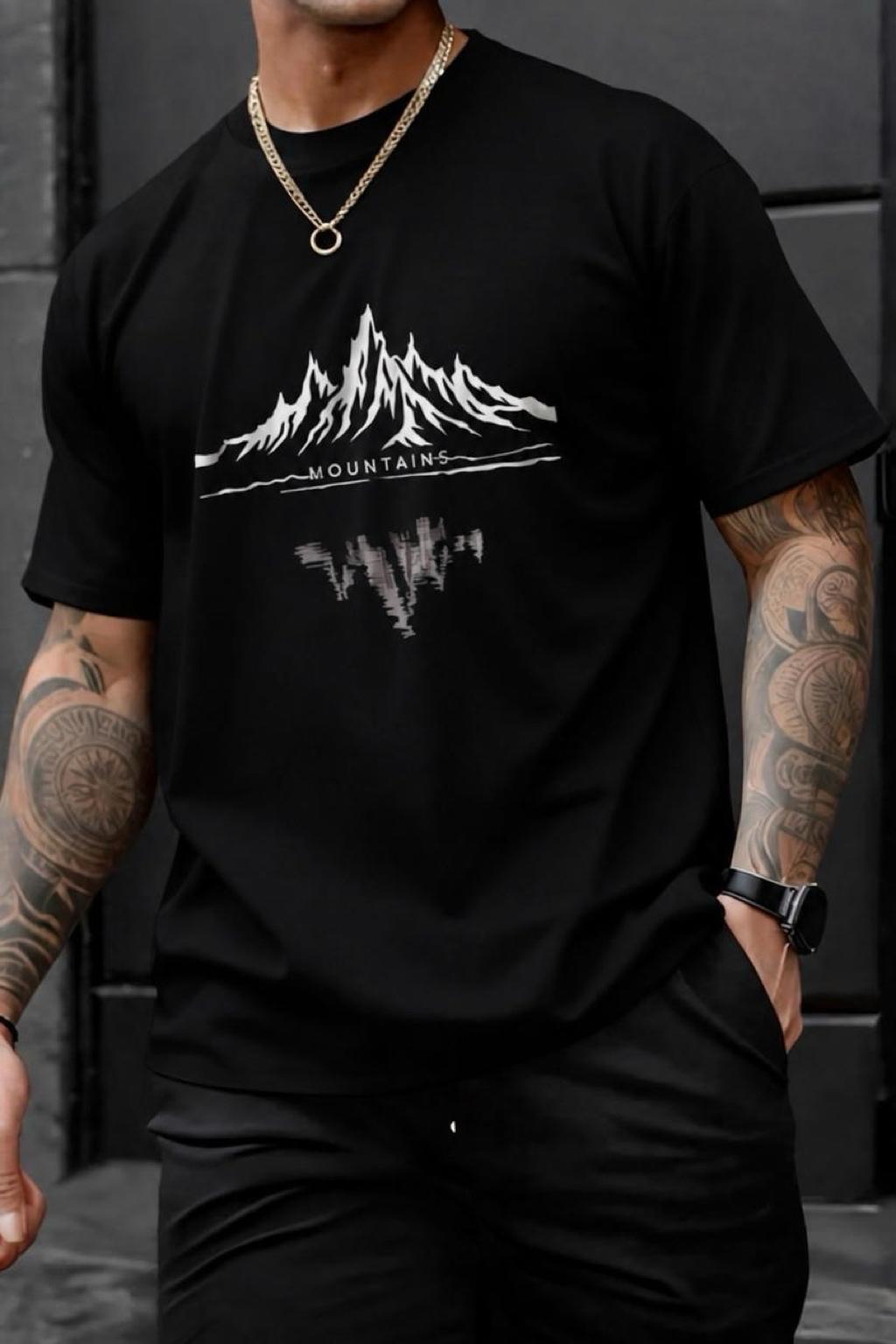 Mountains Baskılı Bisiklet Yaka Pamuklu Erkek T-Shirt Rahat Kesim