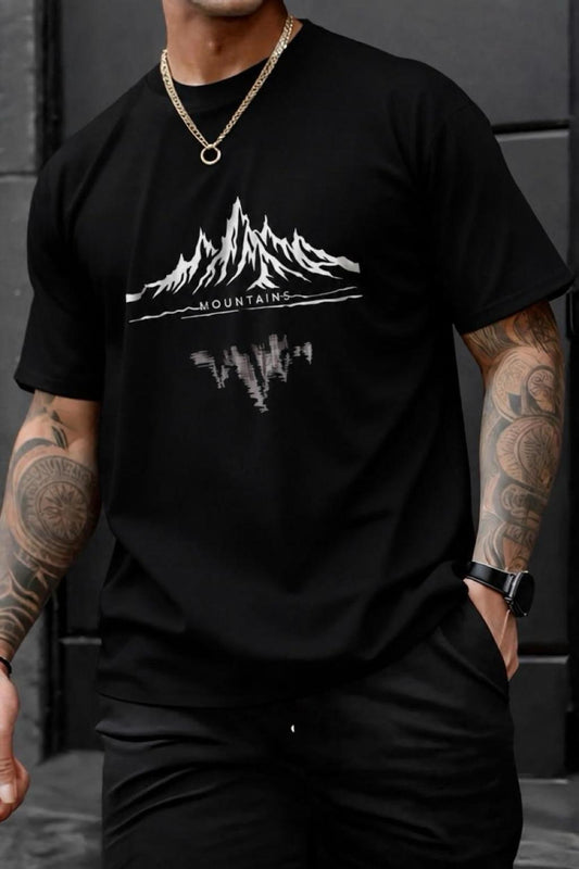 Mountains Baskılı Bisiklet Yaka Pamuklu Erkek T-Shirt Rahat Kesim