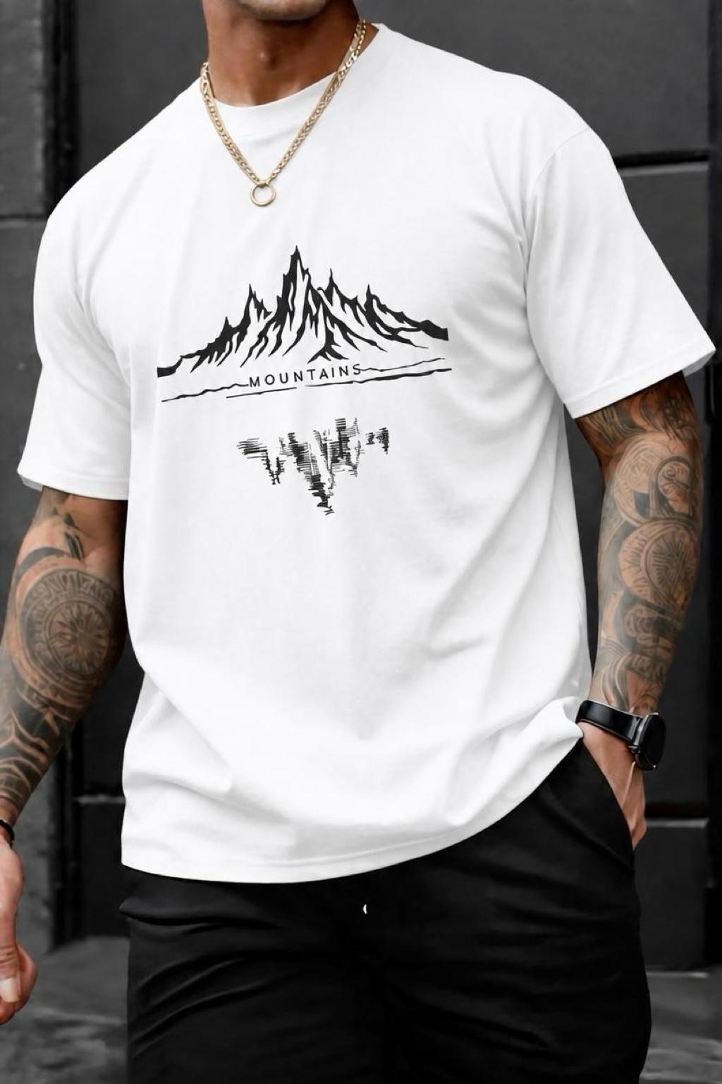 Mountains Baskılı Bisiklet Yaka Pamuklu Erkek T-Shirt Rahat Kesim