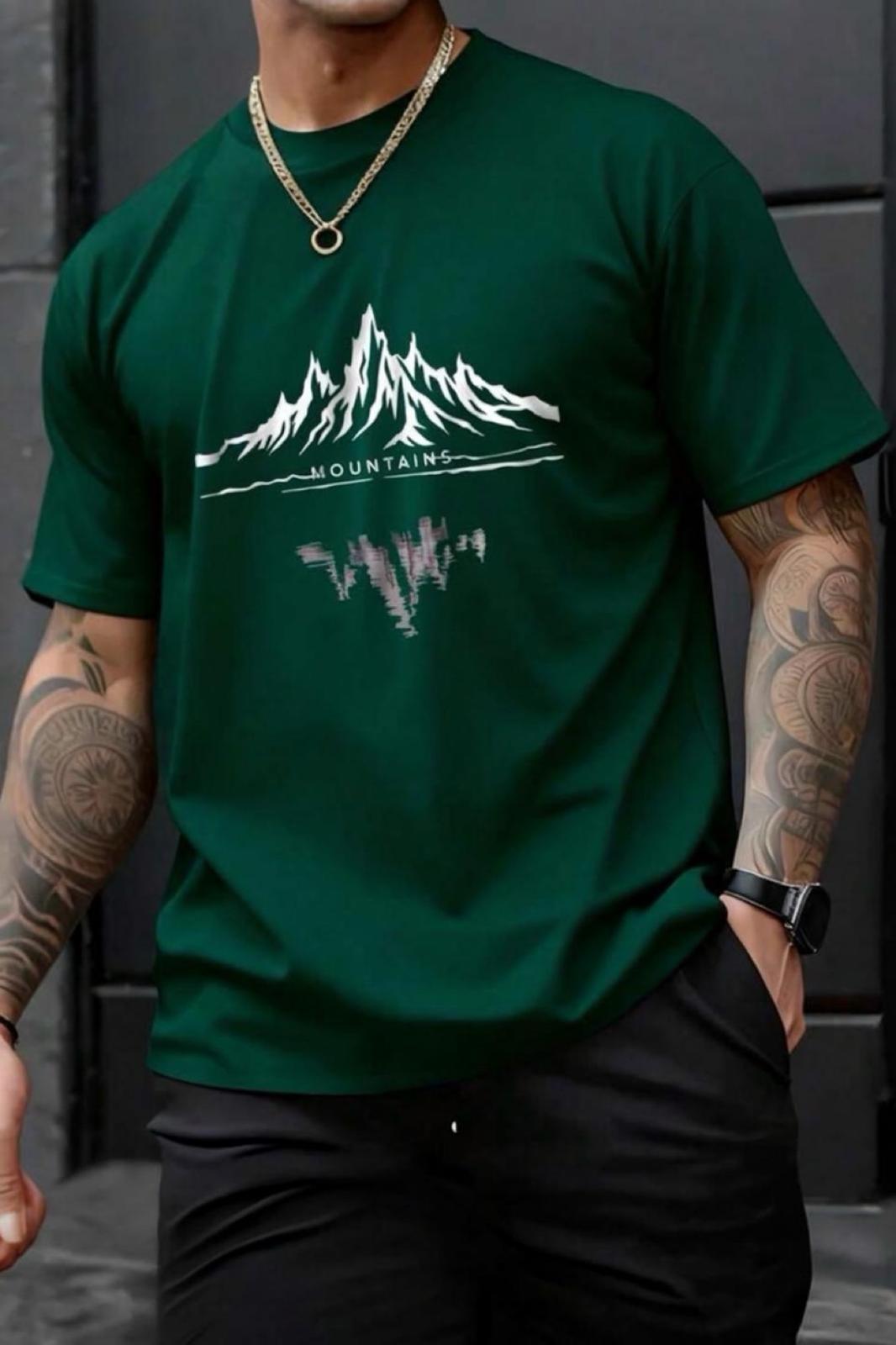 Mountains Baskılı Bisiklet Yaka Pamuklu Erkek T-Shirt Rahat Kesim