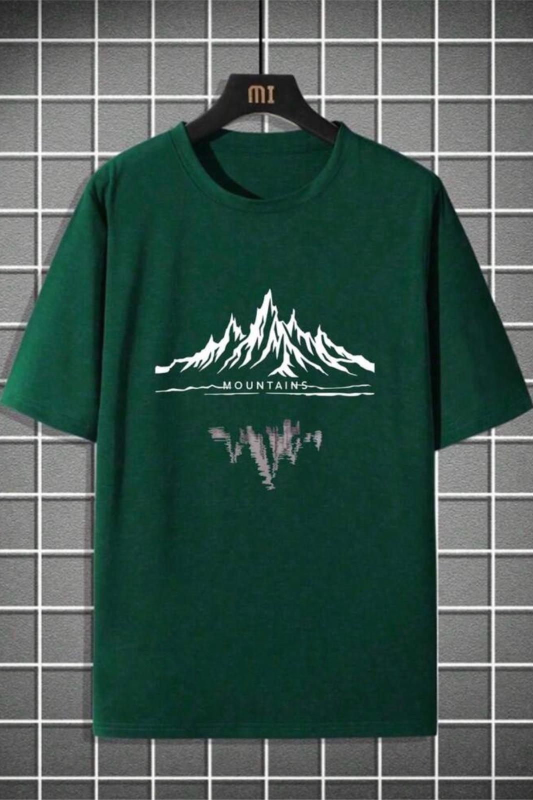 Mountains Baskılı Bisiklet Yaka Pamuklu Erkek T-Shirt Rahat Kesim