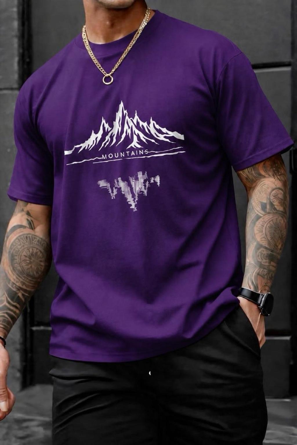 Mountains Baskılı Bisiklet Yaka Pamuklu Erkek T-Shirt Rahat Kesim