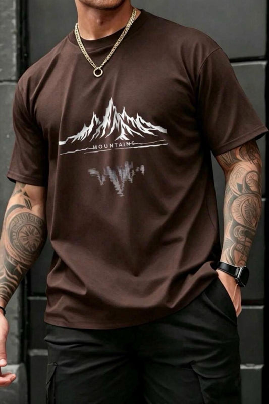 Mountains Baskılı Bisiklet Yaka Pamuklu Erkek T-Shirt Rahat Kesim