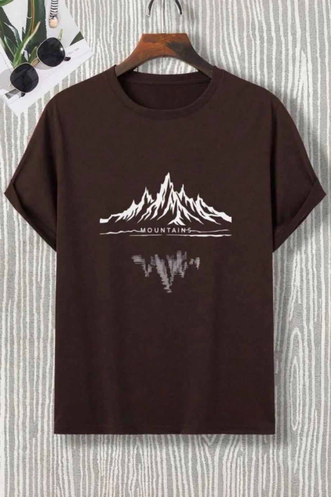 Mountains Baskılı Bisiklet Yaka Pamuklu Erkek T-Shirt Rahat Kesim