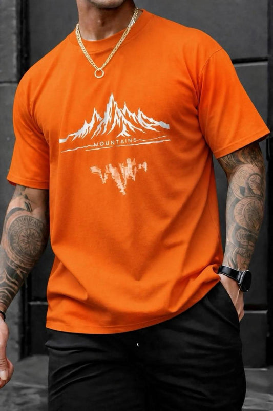 Mountains Baskılı Bisiklet Yaka Pamuklu Erkek T-Shirt Rahat Kesim
