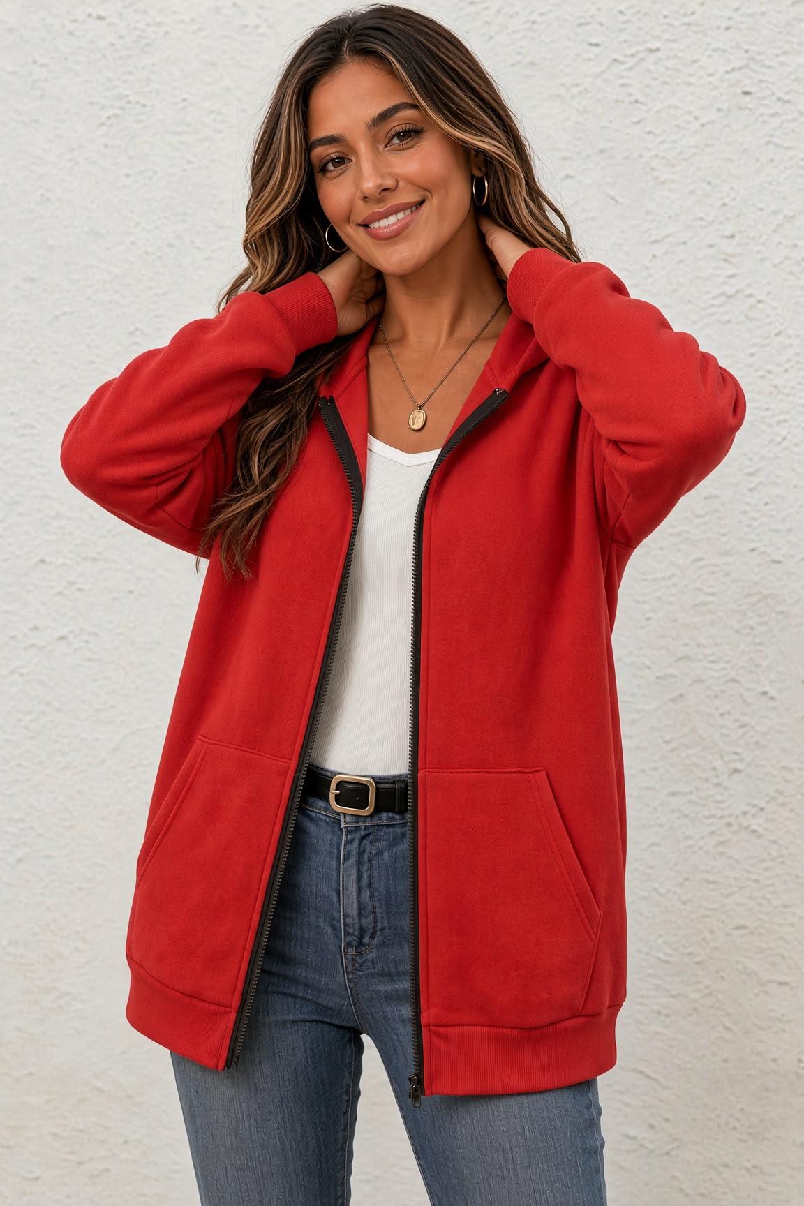 Moxy Unisex Fermuarlı Kapüşonlu İki İplik Şardonlu Sweatshirt Rahat Kalıp Kanguru Cepli Basic Hırka