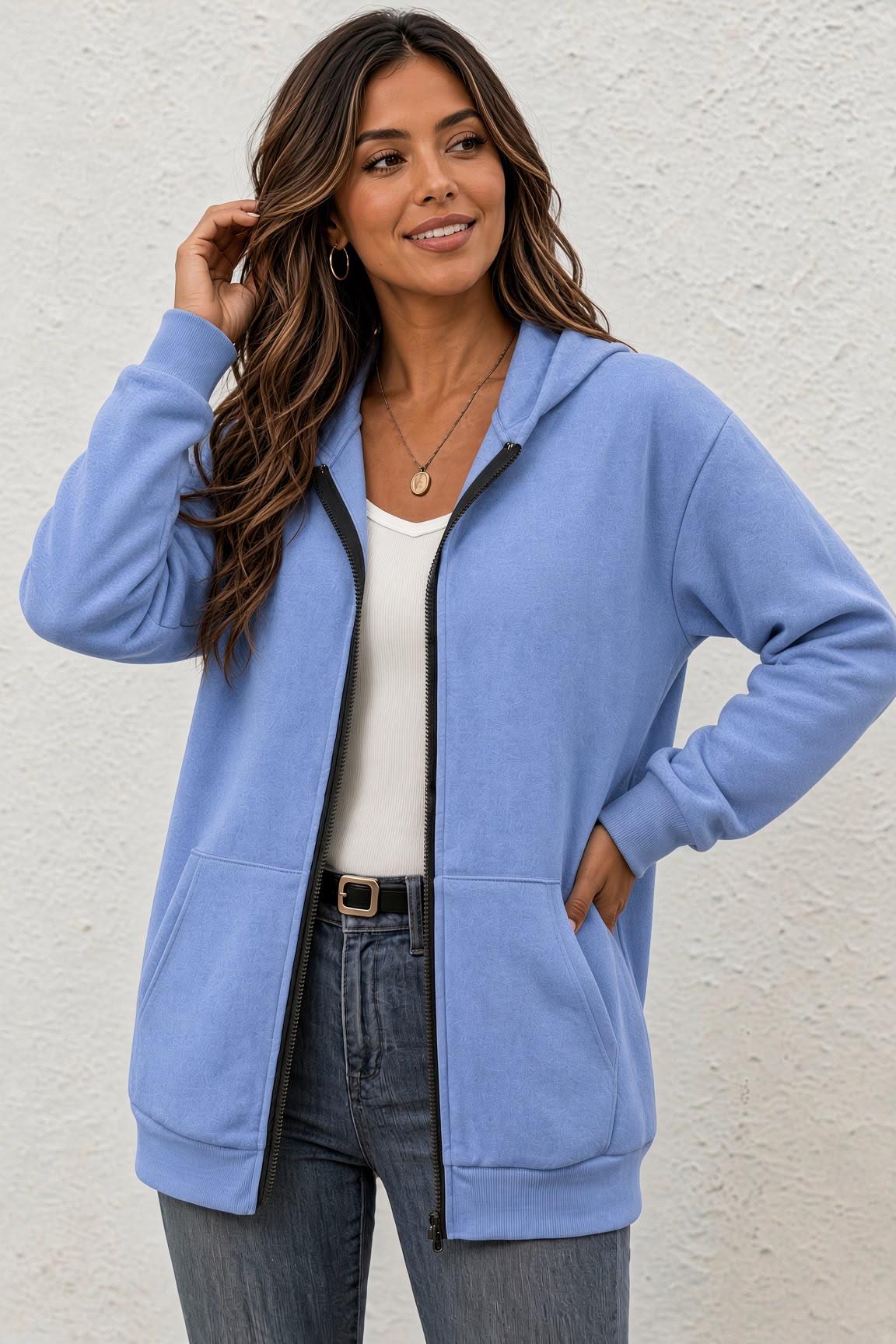 Moxy Unisex Fermuarlı Kapüşonlu İki İplik Şardonlu Sweatshirt Rahat Kalıp Kanguru Cepli Basic Hırka