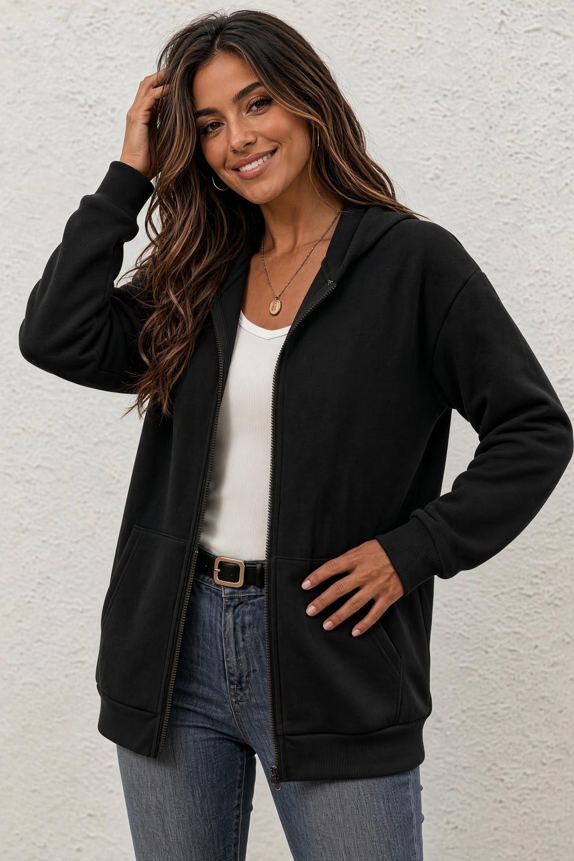 Moxy Unisex Fermuarlı Kapüşonlu İki İplik Şardonlu Sweatshirt Rahat Kalıp Kanguru Cepli Basic Hırka