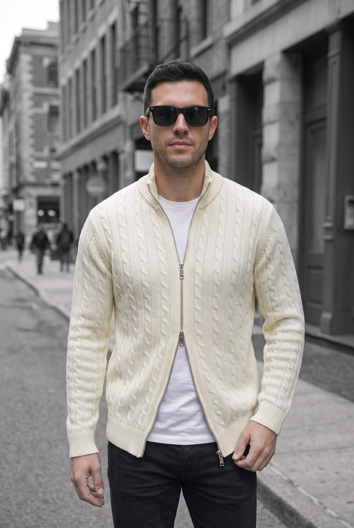 Mx Erkek Dik Yaka Çift Yönlü Fermuarlı Saç Örgü Triko Hırka - Slim Fit Dokulu Örme Ceket