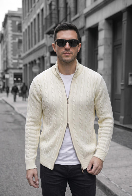 Mx Erkek Dik Yaka Çift Yönlü Fermuarlı Saç Örgü Triko Hırka - Slim Fit Dokulu Örme Ceket
