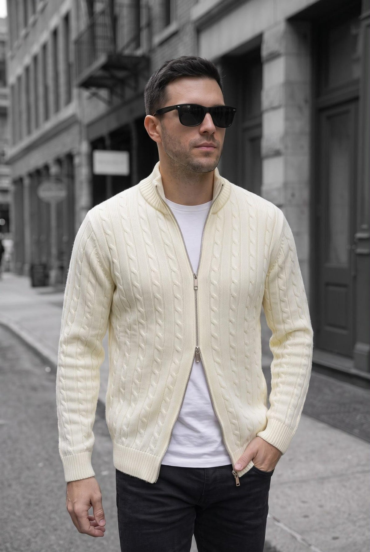Mx Erkek Dik Yaka Çift Yönlü Fermuarlı Saç Örgü Triko Hırka - Slim Fit Dokulu Örme Ceket