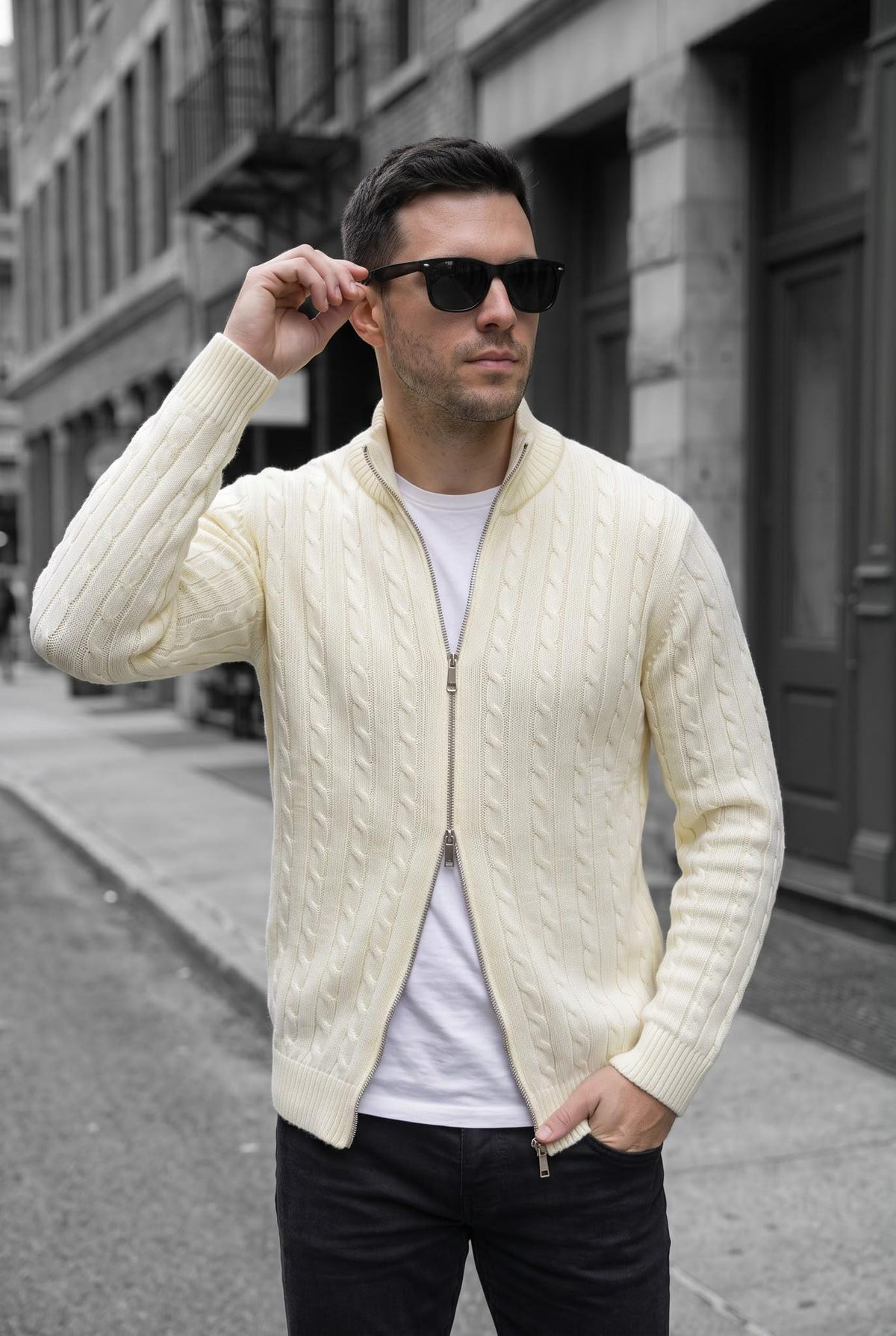 Mx Erkek Dik Yaka Çift Yönlü Fermuarlı Saç Örgü Triko Hırka - Slim Fit Dokulu Örme Ceket
