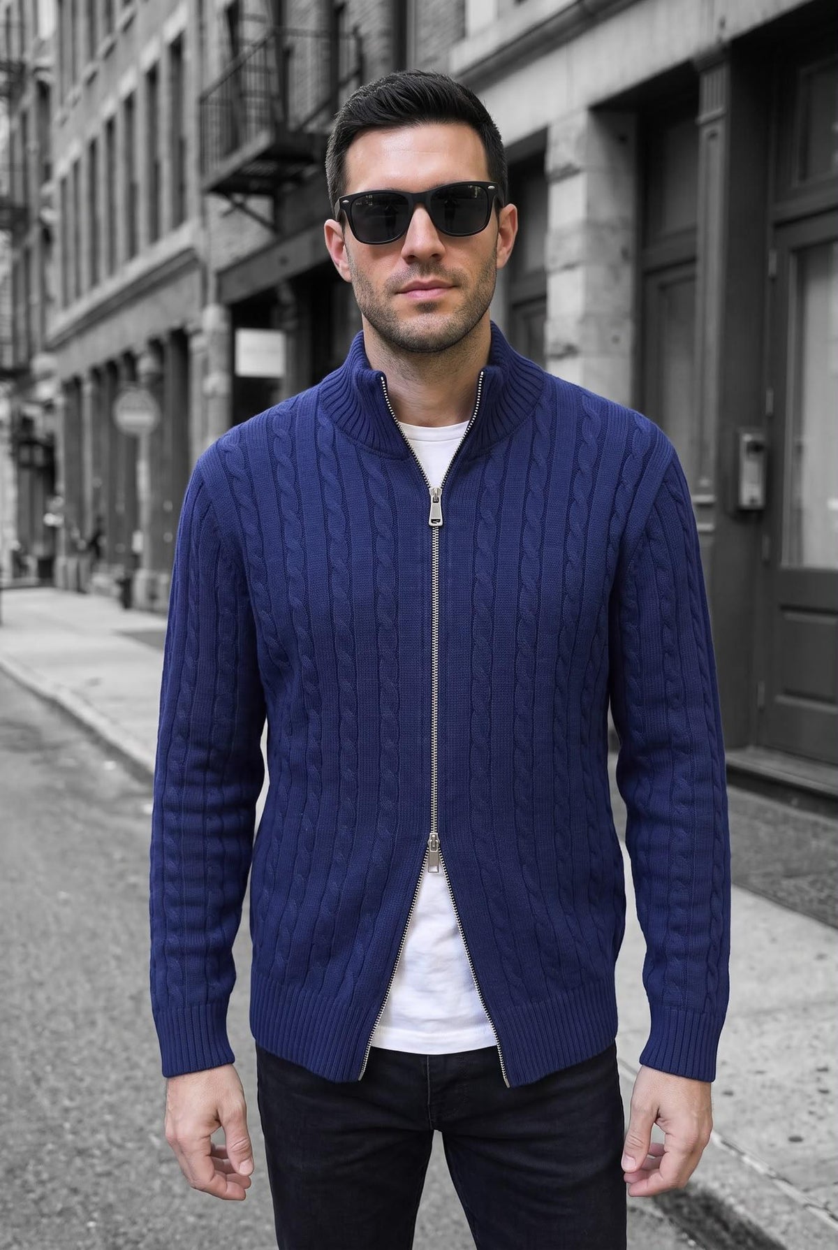 Mx Erkek Dik Yaka Çift Yönlü Fermuarlı Saç Örgü Triko Hırka - Slim Fit Dokulu Örme Ceket