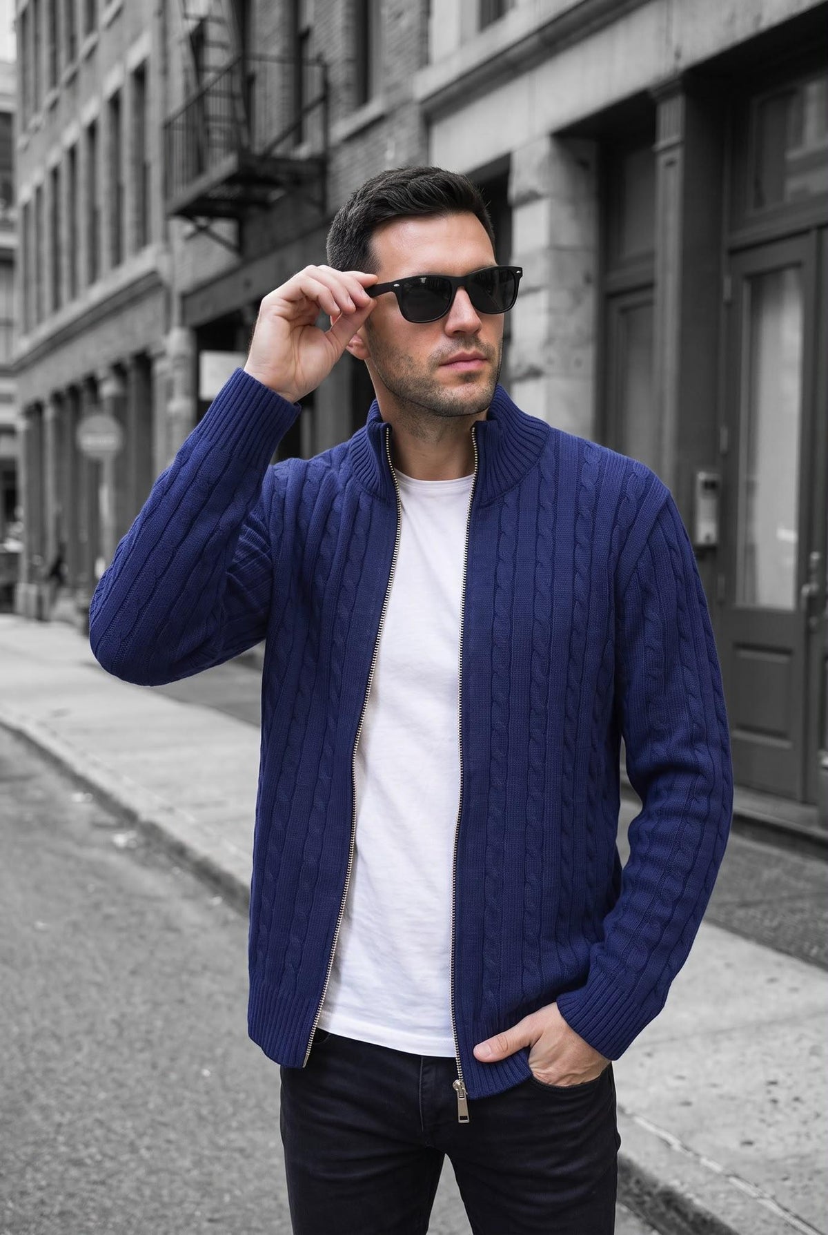 Mx Erkek Dik Yaka Çift Yönlü Fermuarlı Saç Örgü Triko Hırka - Slim Fit Dokulu Örme Ceket