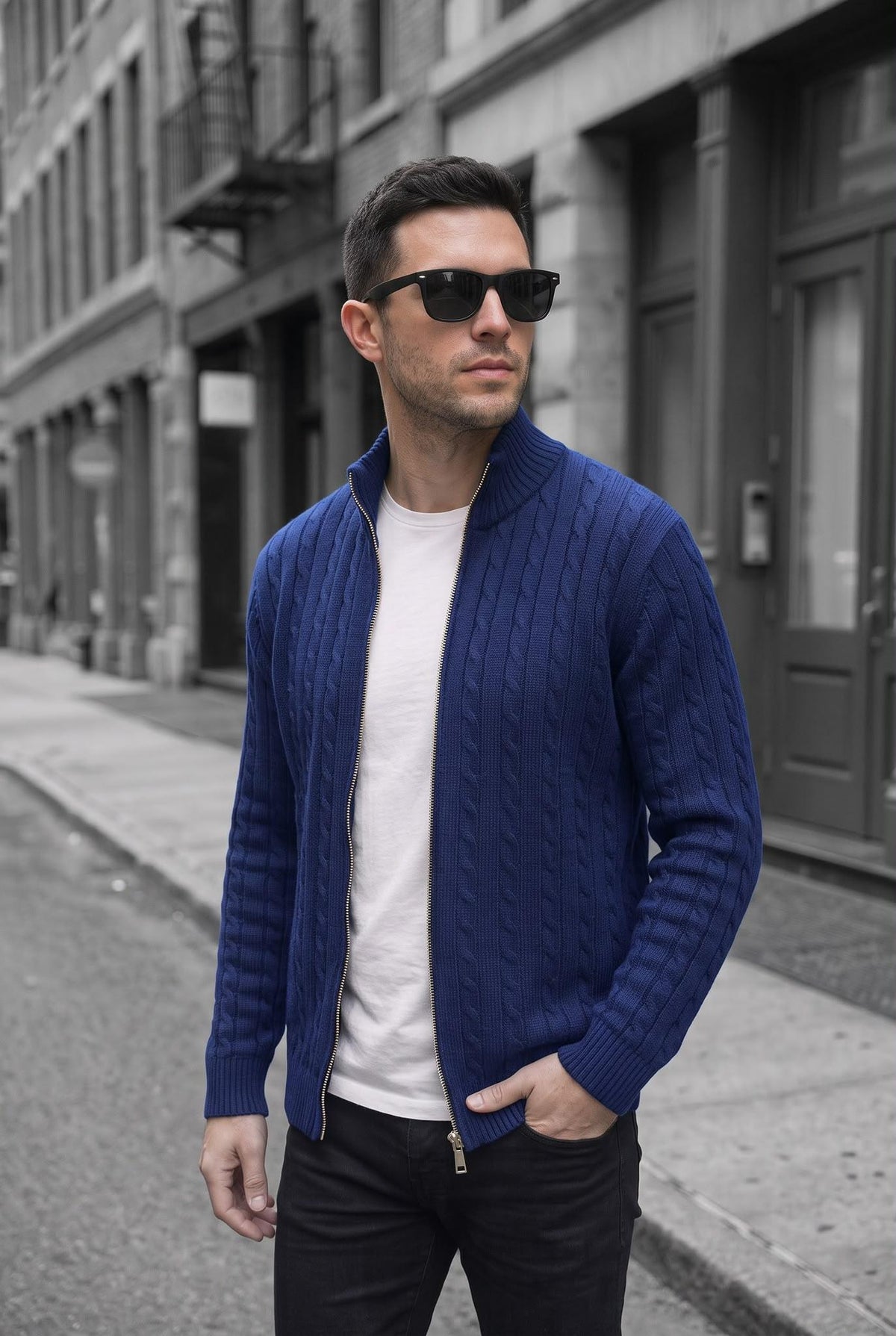 Mx Erkek Dik Yaka Çift Yönlü Fermuarlı Saç Örgü Triko Hırka - Slim Fit Dokulu Örme Ceket