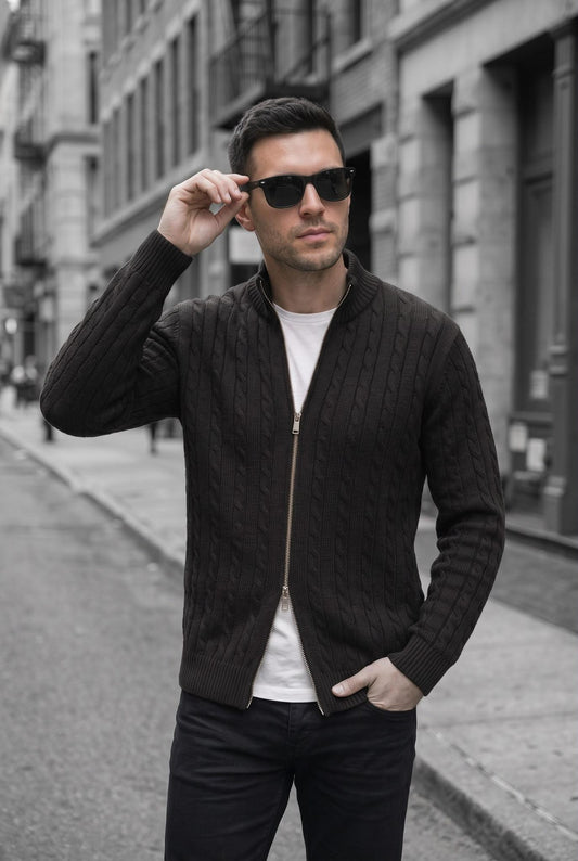Mx Erkek Dik Yaka Çift Yönlü Fermuarlı Saç Örgü Triko Hırka - Slim Fit Dokulu Örme Ceket