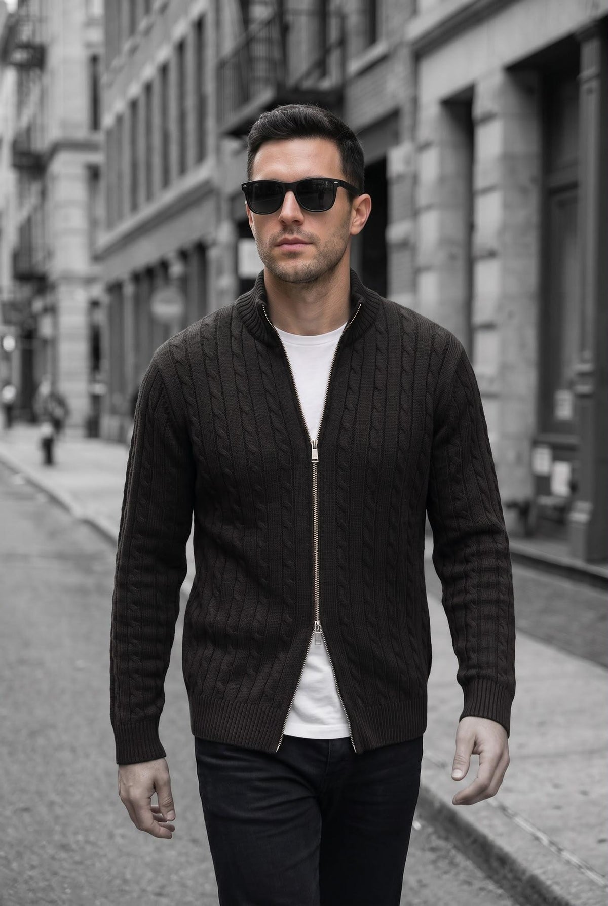 Mx Erkek Dik Yaka Çift Yönlü Fermuarlı Saç Örgü Triko Hırka - Slim Fit Dokulu Örme Ceket