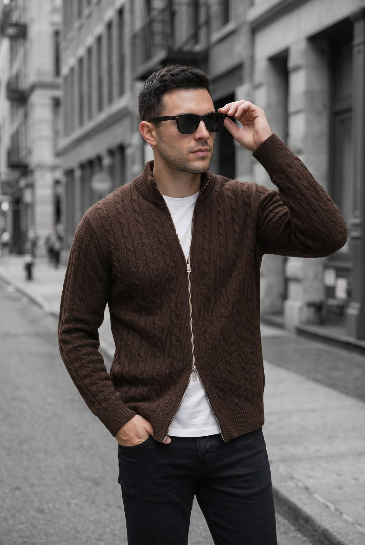 Mx Erkek Dik Yaka Çift Yönlü Fermuarlı Saç Örgü Triko Hırka - Slim Fit Dokulu Örme Ceket