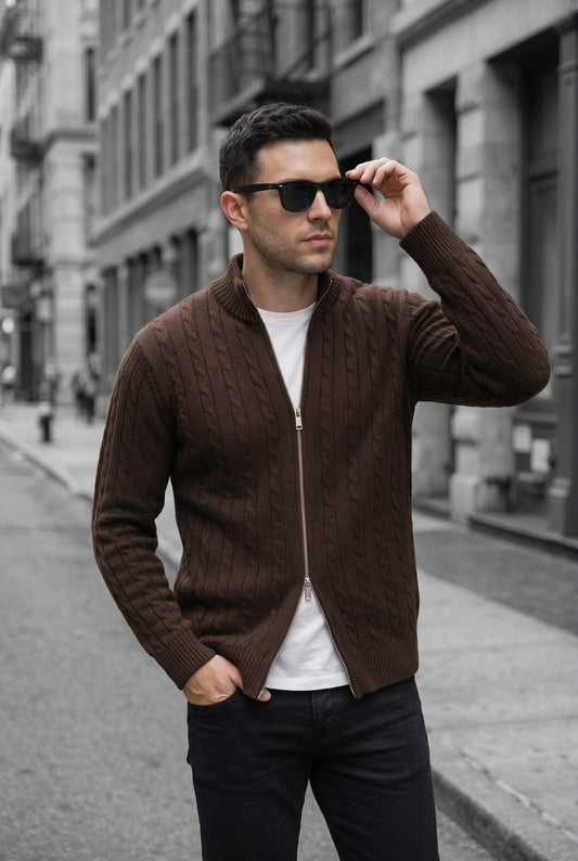 Mx Erkek Dik Yaka Çift Yönlü Fermuarlı Saç Örgü Triko Hırka - Slim Fit Dokulu Örme Ceket