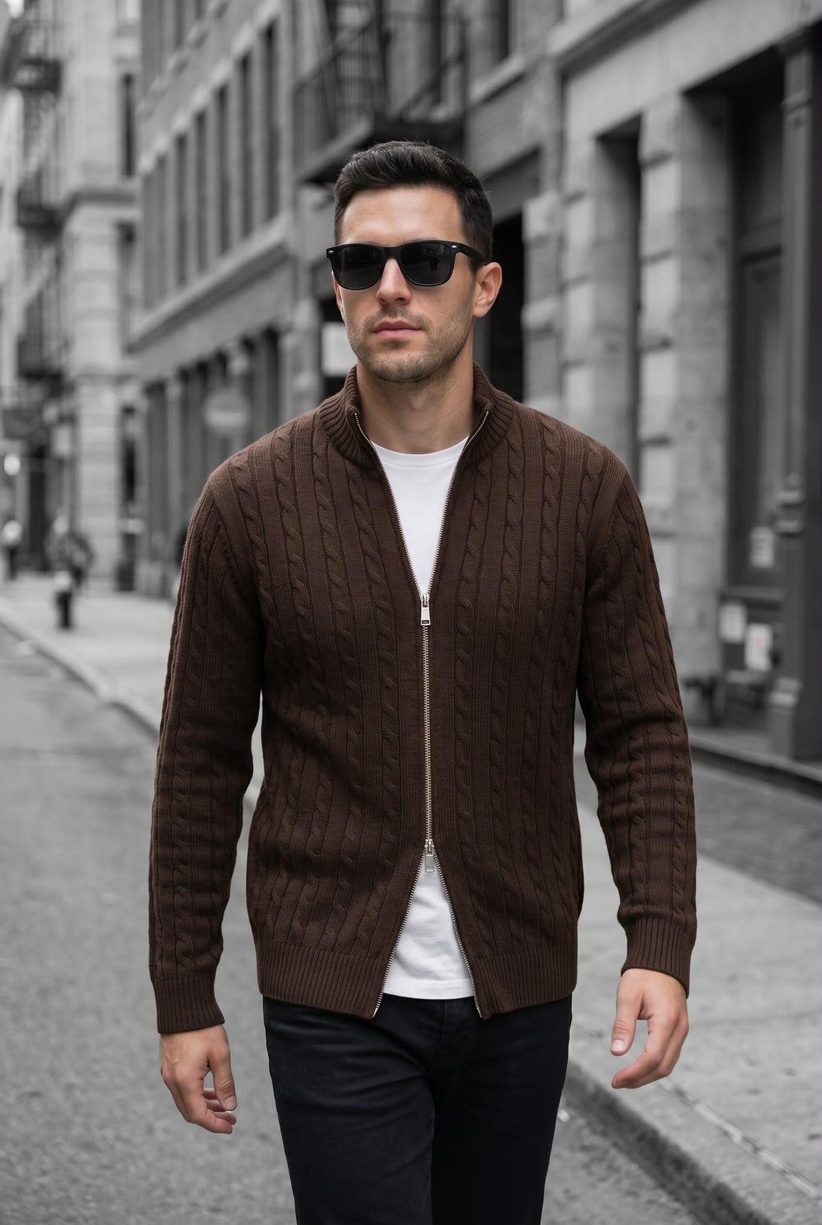 Mx Erkek Dik Yaka Çift Yönlü Fermuarlı Saç Örgü Triko Hırka - Slim Fit Dokulu Örme Ceket