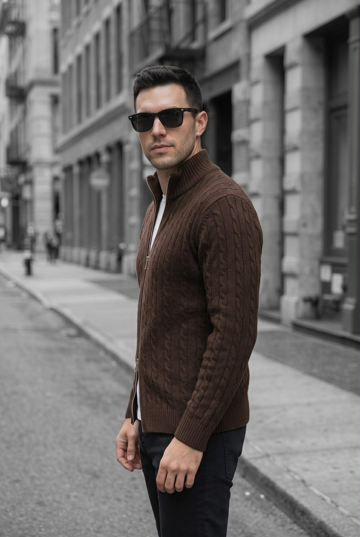 Mx Erkek Dik Yaka Çift Yönlü Fermuarlı Saç Örgü Triko Hırka - Slim Fit Dokulu Örme Ceket