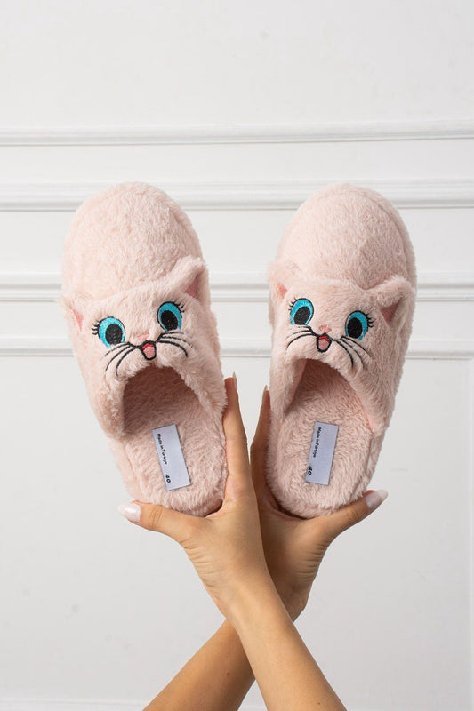 My Kedi Nakışlı Kadın Ev Terliği Peluş Terlik Çeyiz ve Bohça Terliği Ses Yapmaz Kalın Taban