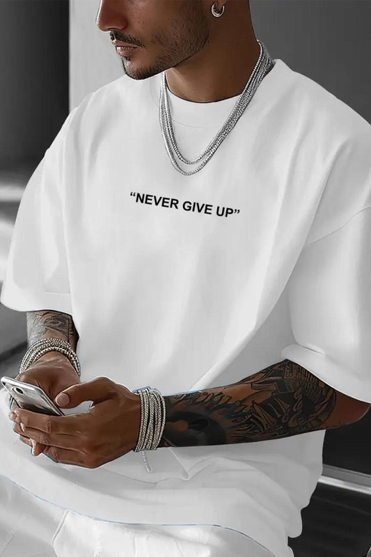 Never Give Up Baskılı Bisiklet Yaka Erkek Tshirt