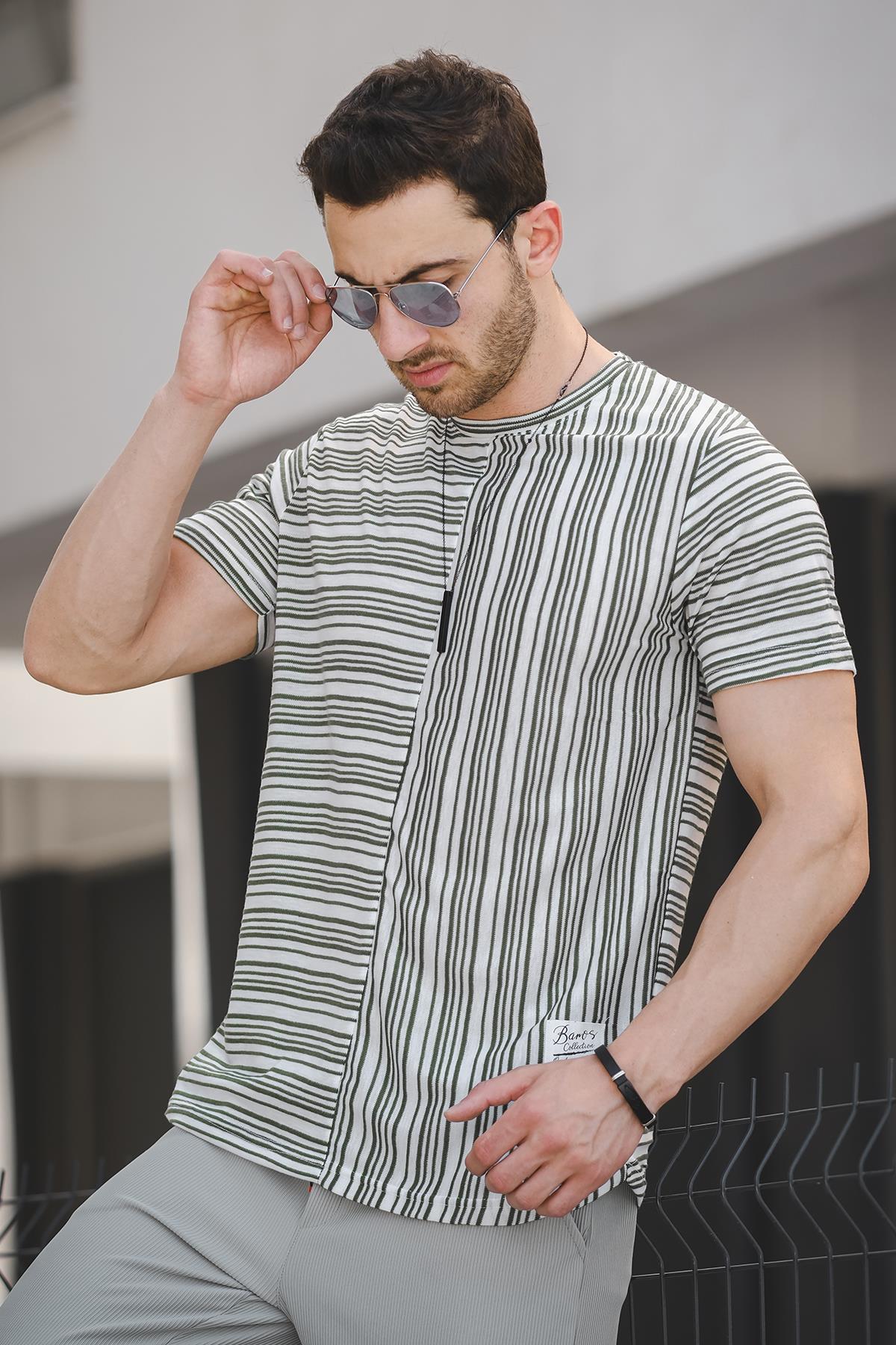 Nezza Çizgili Parçalı Eteği Oval Slim Fit Likralı Erkek Tshirt