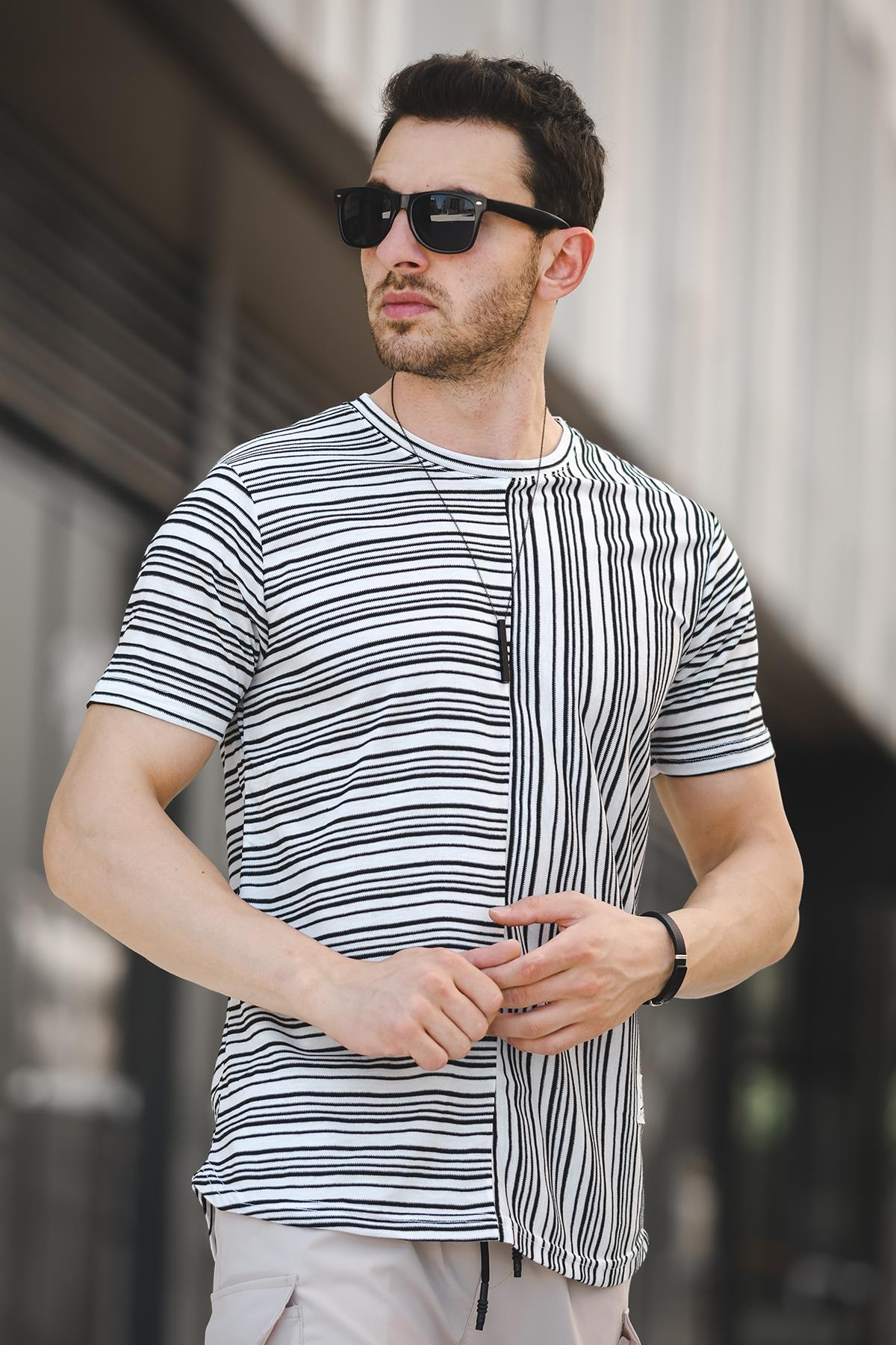 Nezza Çizgili Parçalı Eteği Oval Slim Fit Likralı Erkek Tshirt