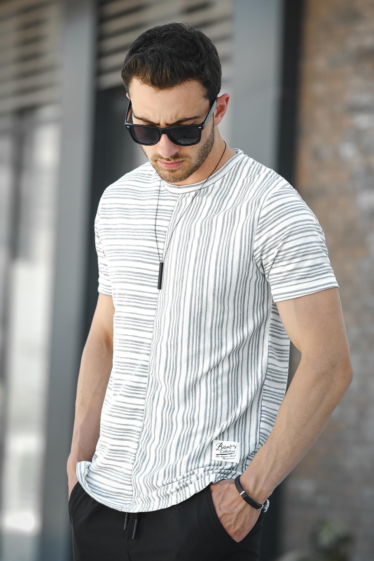 Nezza Çizgili Parçalı Eteği Oval Slim Fit Likralı Erkek Tshirt