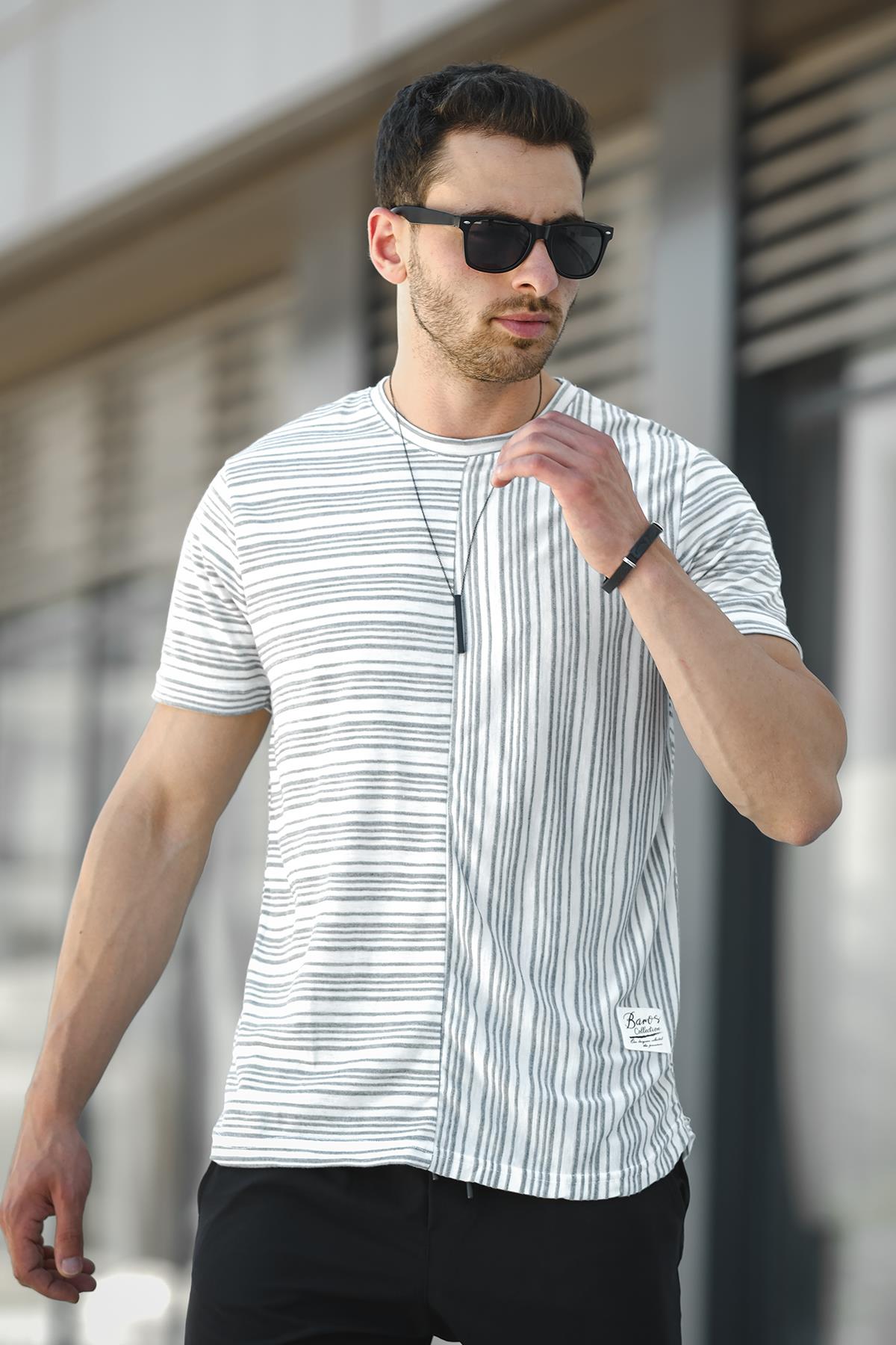 Nezza Çizgili Parçalı Eteği Oval Slim Fit Likralı Erkek Tshirt