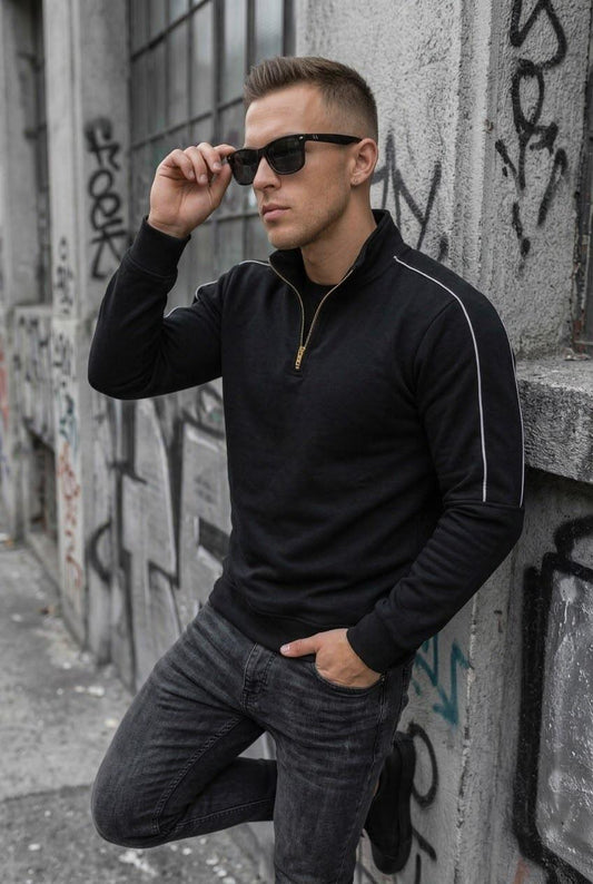 Nory Üç İplik Pamuk Erkek Yarım Fermuarlı Şerit Detaylı Dik Yaka Slim Fit Sweatshirt