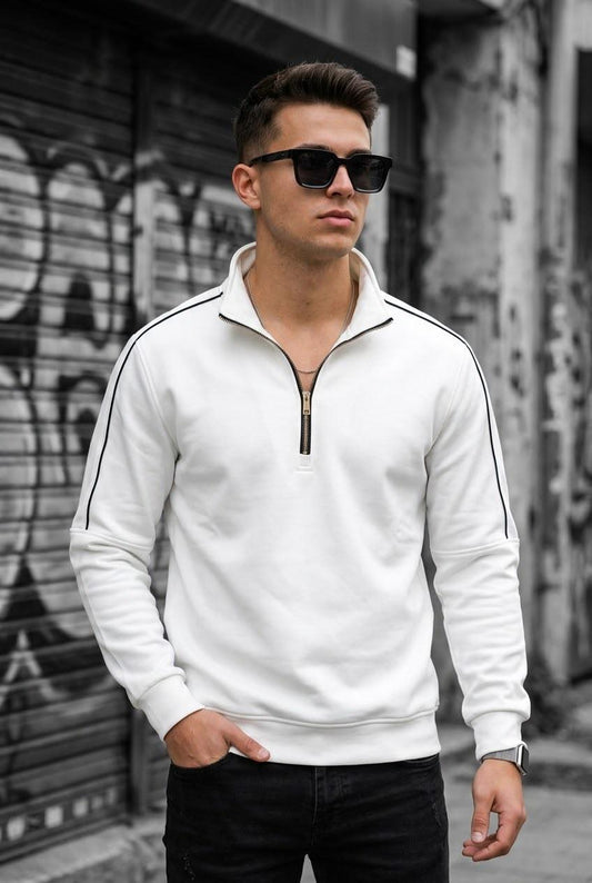Nory Üç İplik Pamuk Erkek Yarım Fermuarlı Şerit Detaylı Dik Yaka Slim Fit Sweatshirt