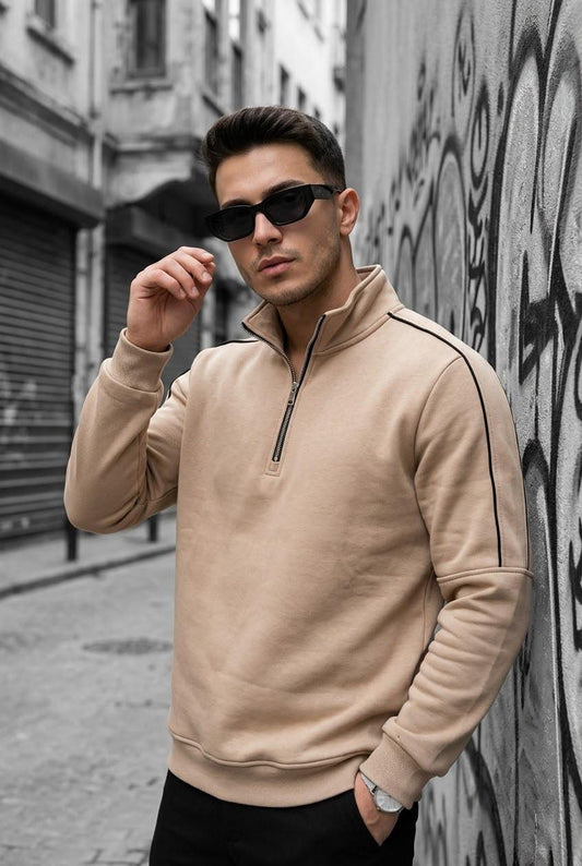 Nory Üç İplik Pamuk Erkek Yarım Fermuarlı Şerit Detaylı Dik Yaka Slim Fit Sweatshirt