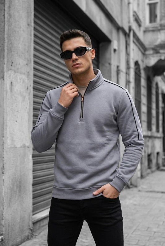 Nory Üç İplik Pamuk Erkek Yarım Fermuarlı Şerit Detaylı Dik Yaka Slim Fit Sweatshirt