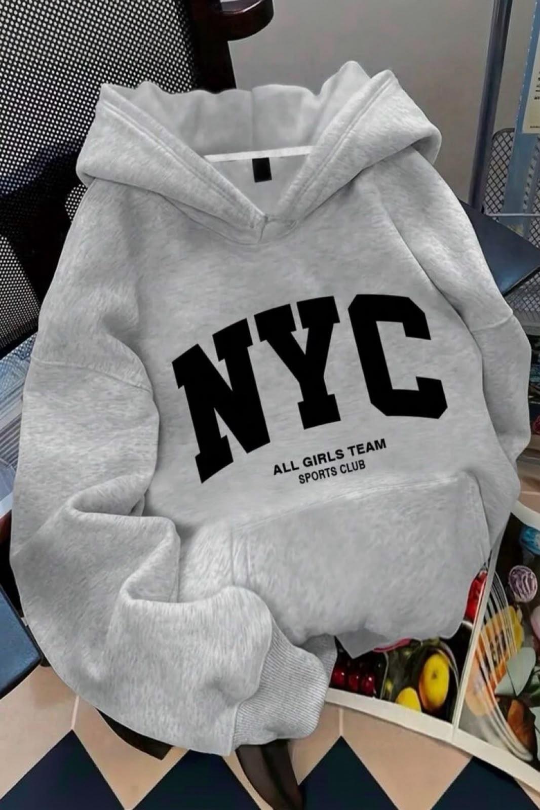 NYC Baskılı Unisex Kapüşonlu Kanguru Cep Sweatshirt