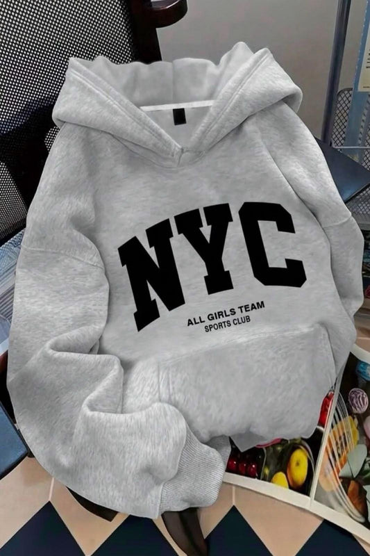 NYC Baskılı Unisex Kapüşonlu Kanguru Cep Sweatshirt