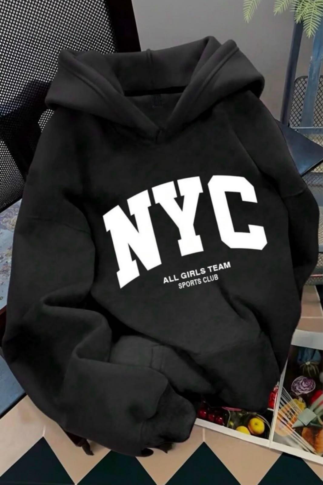 NYC Baskılı Unisex Kapüşonlu Kanguru Cep Sweatshirt