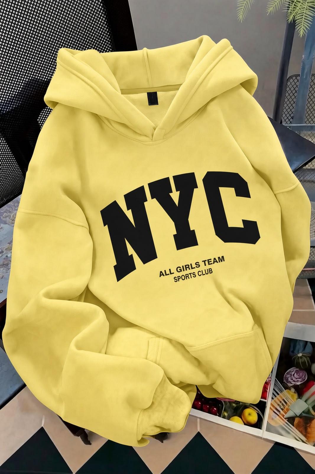 NYC Baskılı Unisex Kapüşonlu Kanguru Cep Sweatshirt