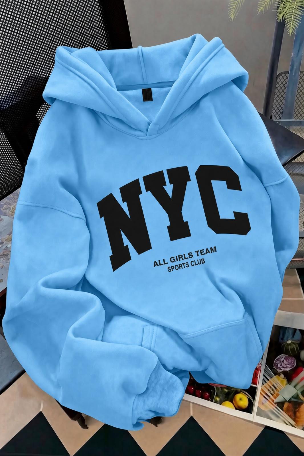 NYC Baskılı Unisex Kapüşonlu Kanguru Cep Sweatshirt