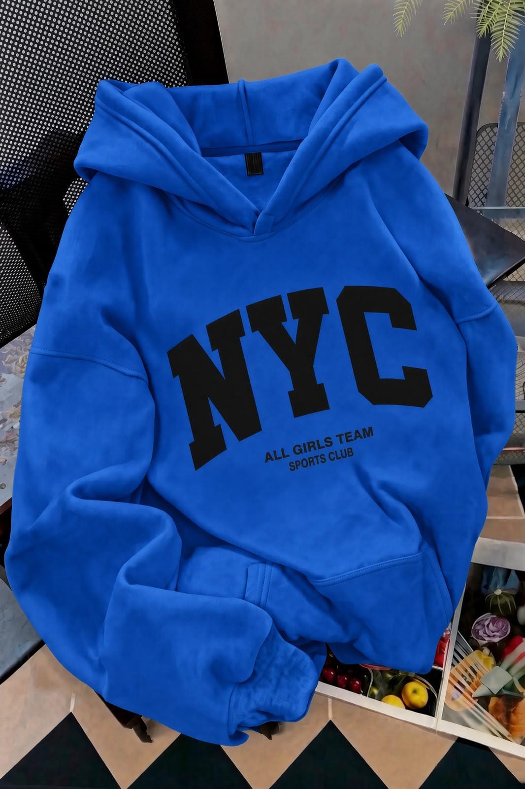 NYC Baskılı Unisex Kapüşonlu Kanguru Cep Sweatshirt