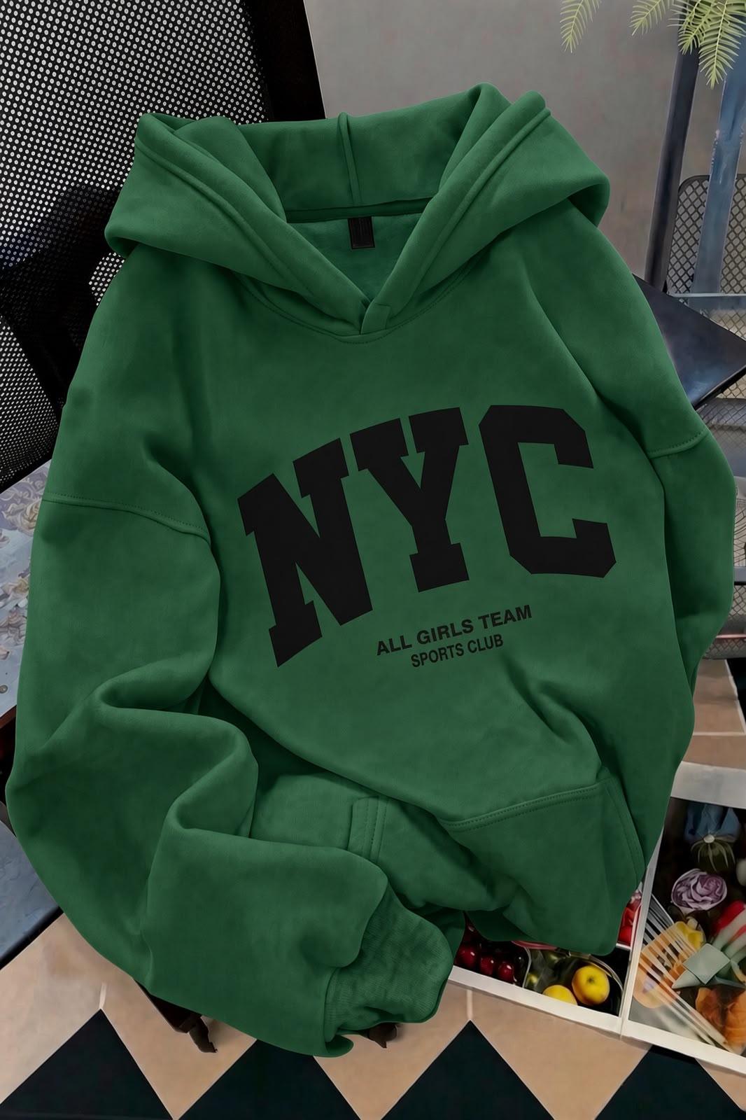 NYC Baskılı Unisex Kapüşonlu Kanguru Cep Sweatshirt