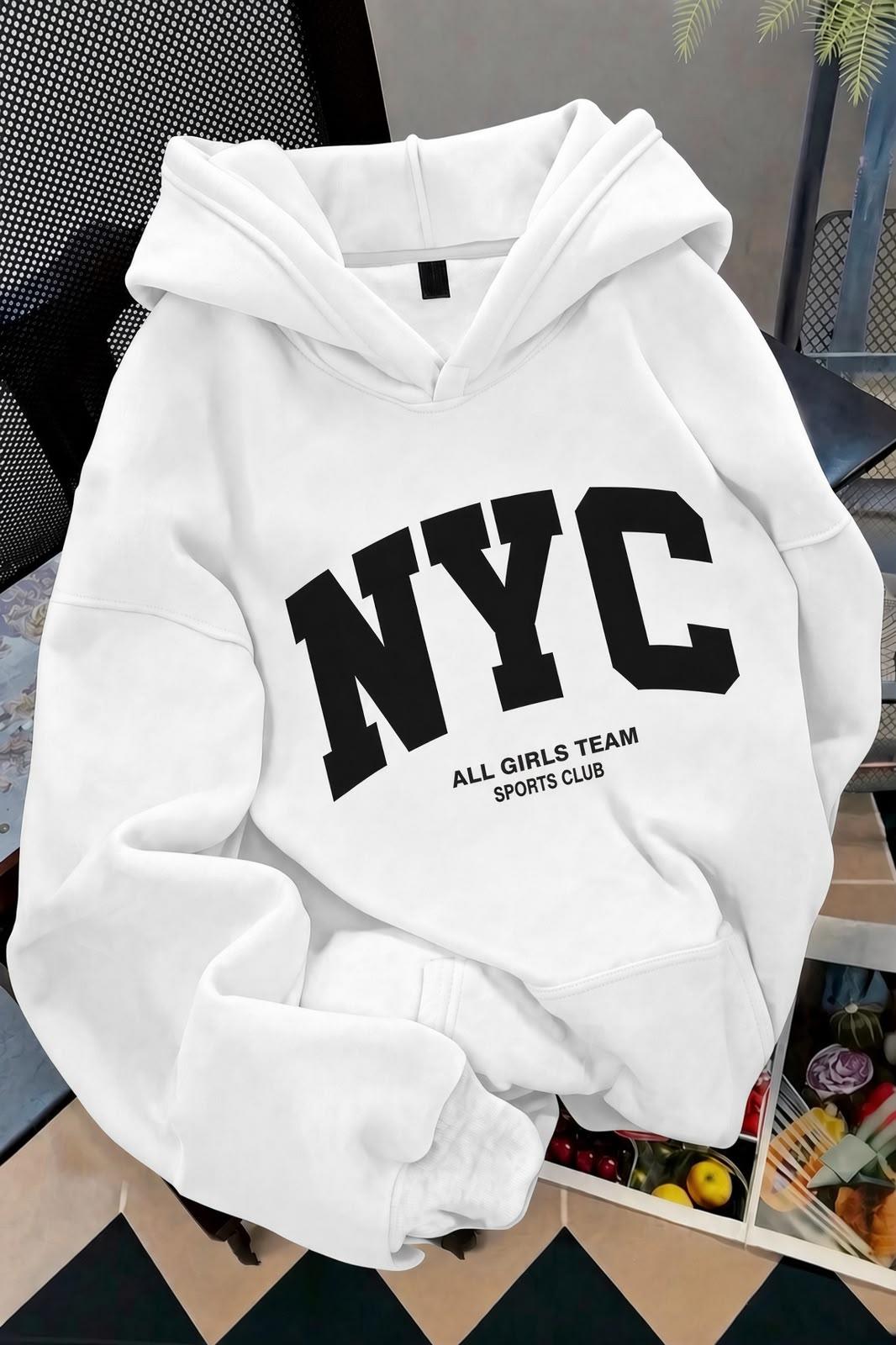 NYC Baskılı Unisex Kapüşonlu Kanguru Cep Sweatshirt