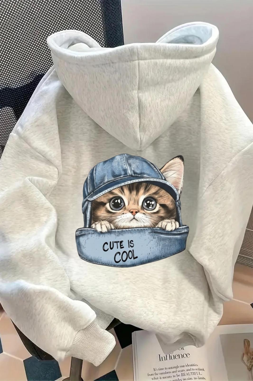 Cut İs Cool Kedi Sırt Baskılı İçi Pamuklu Unisex Sweatshirt