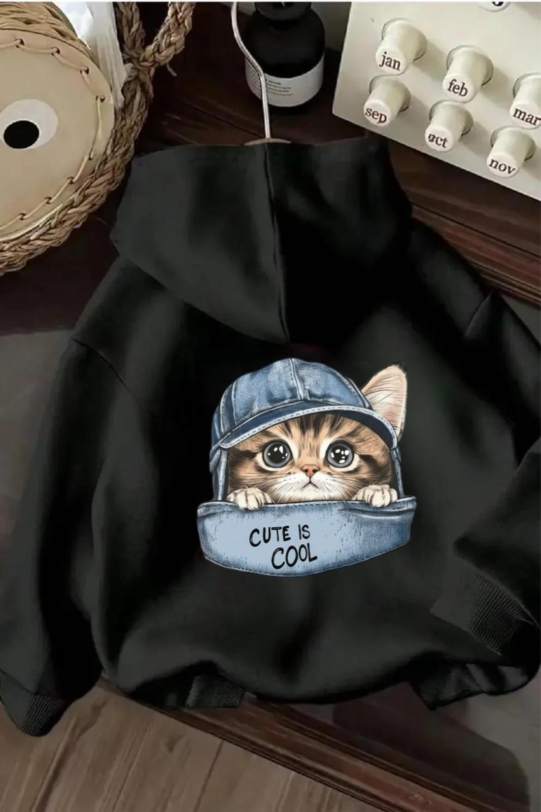 Cut İs Cool Kedi Sırt Baskılı İçi Pamuklu Unisex Sweatshirt