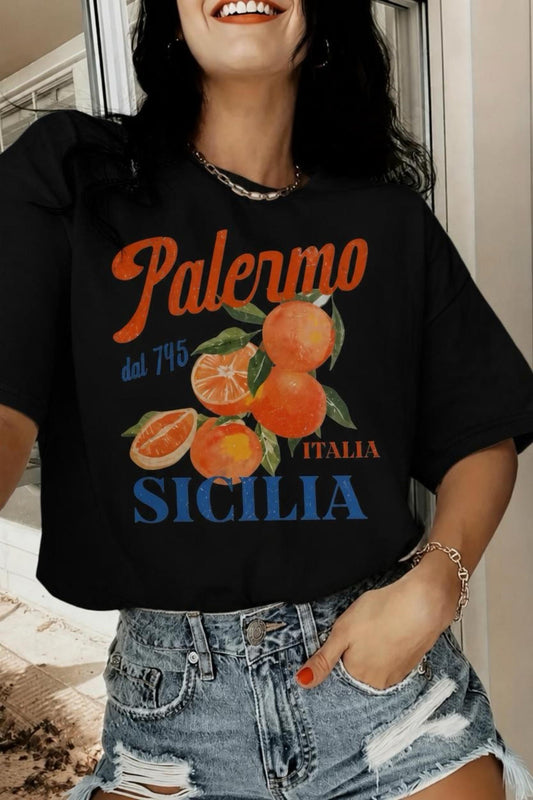 Palermo Sicilya Portakal Temalı Bisiklet Yaka Pamuklu Oversize T-Shirt