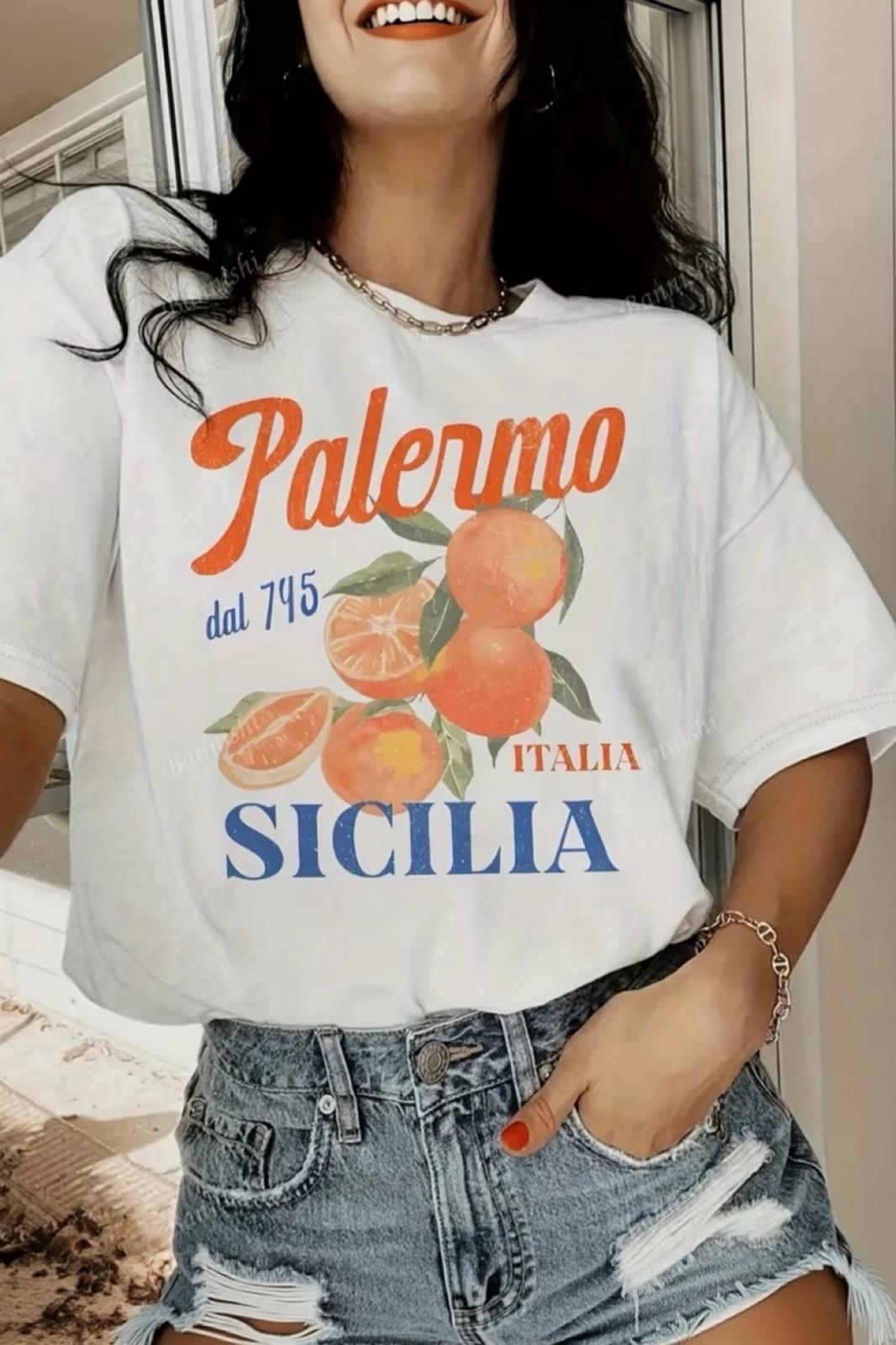 Palermo Sicilya Portakal Temalı Bisiklet Yaka Pamuklu Oversize T-Shirt