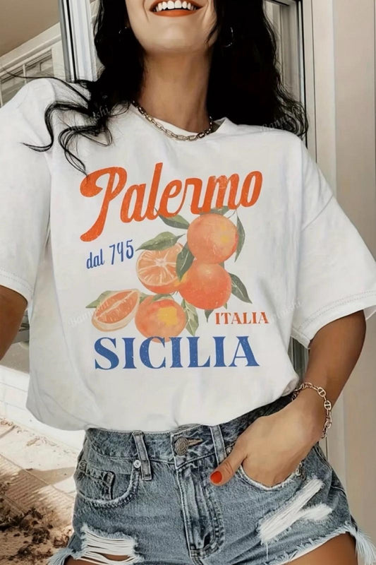 Palermo Sicilya Portakal Temalı Bisiklet Yaka Pamuklu Oversize T-Shirt