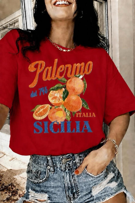Palermo Sicilya Portakal Temalı Bisiklet Yaka Pamuklu Oversize T-Shirt